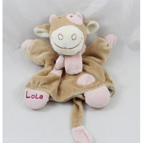Doudou marionnette Lola vache NOUKIE'S écharpe rose et beige 24 cm