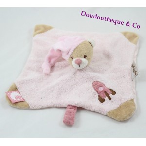 Flat cuddly toy bear NATTOU Milo & Lena rocket pink beige beanie