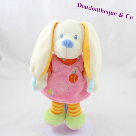 Peluche lapin MOTS D'ENFANTS Leclerc robe rose orange 25 cm