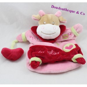 Doudou marionnette vache BABY NAT Nina adore les câlins rose vert 24 cm