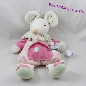 Doudou ratón DOUDOU Y COMPAGNY mamá y su bebé rosa verde 31 cm