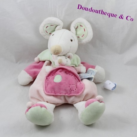 Doudou mouse DOUDOU e COMPAGNY mamma e il suo bambino verde rosa 31 cm