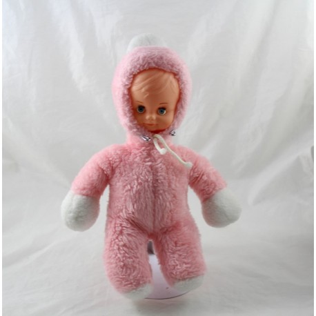 Rosa Puppe NOUNOURS Vintage Kapuze blaue Augen 29 cm Rosa Puppe NOUNOURS Vintage Kapuze blaue Augen 29 cm