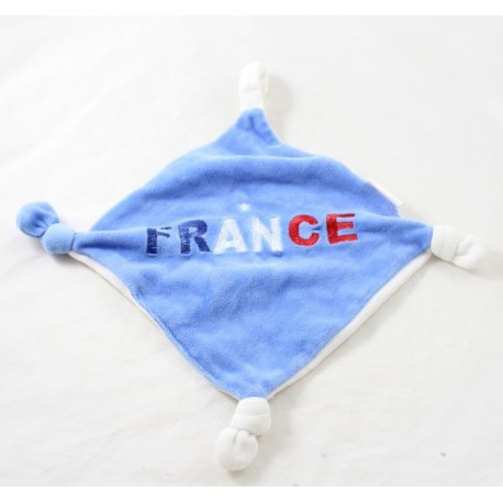 Doudou plat France LE BELLODOUX bleu clair blanc et rouge