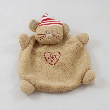 Doudou Maus flaches braun absorbiert Herz bestickt mit einem 20cm Roter Stern Doudou Maus flaches braun absorbiert Herz bestickt mit einem 20cm Roter Stern