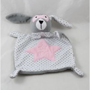 Doudou plat lapin IKKS étoiles masque rose blanc gris 21 cm