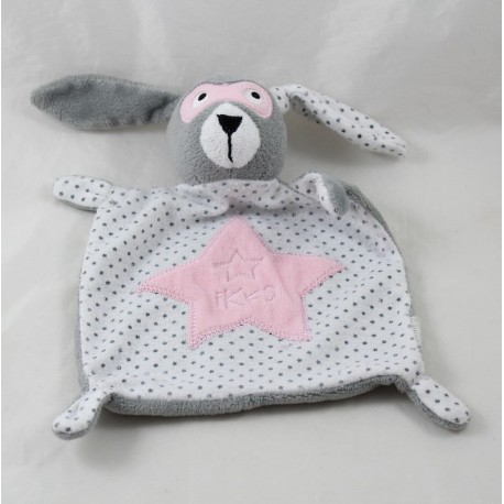 Doudou flach Kaninchen IKKS Sterne Maske rosa grau weiß 21 cm