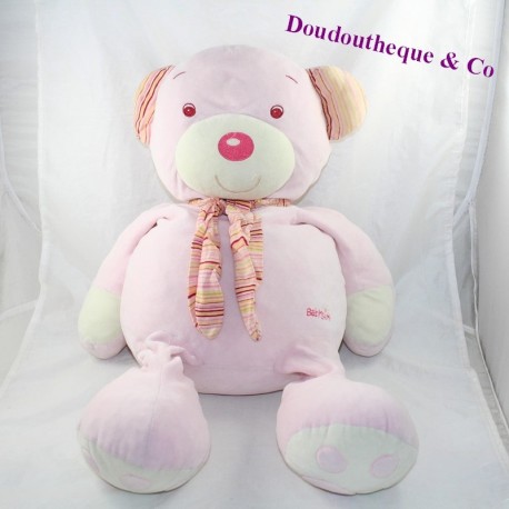Großer Teddybär BABYSUN rosa gestreifter Schal 55 cm