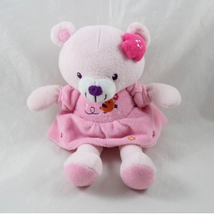 Doudou Bär Bowle Vogel orange Kleid rosa Blume 23 cm