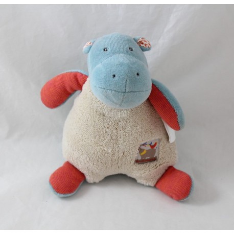 Doudou hippopotame MOULIN ROTY Les Papoum hochet grelot beige bleu 19 cm
