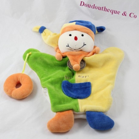 Doudou marionnette clown BABY NAT' vert jaune 26 cm