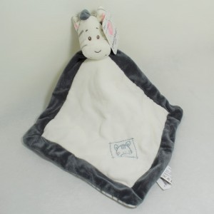 Doudou plat zèbre ANIMAL BLANKET WITH RATTE grelot blanc gris dessous rayé