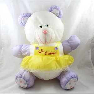 Orso di peluche BIKIN Puffalump paracadute abito in tela I love you giallo viola vintage 42 cm