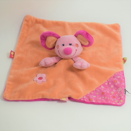 Doudou plat Souris INFLUX orange rose fleuris marionnette 27 cm