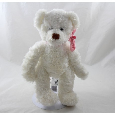 Peluche ours HARRODS blanc ruban rose 26 cm