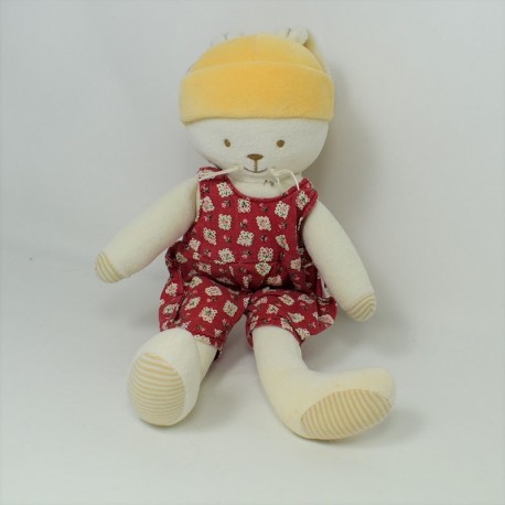 Doudou lapin COROLLE salopette rouge fleurs 29 cm