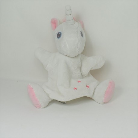 Doudou marionnette licorne TEX BABY blanc rose étoile 22 cm