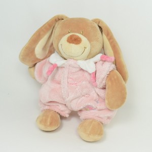 Doudou conejo TEX BABY pijama marrón y flor rosa 27 cm