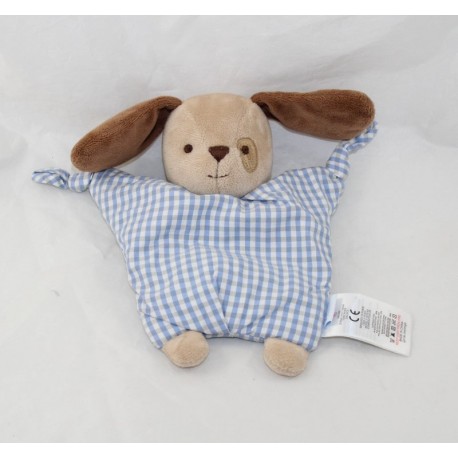 Doudou semi-flat dog JACADI blue tiles vichy white brown 20 cm