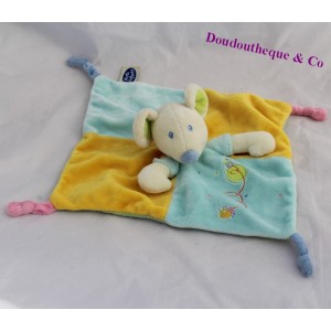 Doudou plat souris MOTS D'ENFANTS bleu jaune carré 23 cm