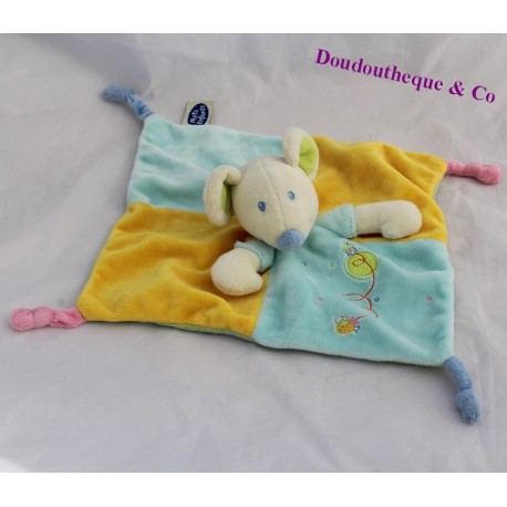 Doudou plat souris MOTS D'ENFANTS bleu jaune carré 23 cm