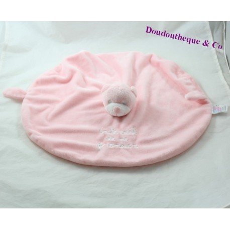 Doudou plat ours INTERDIT DE ME GRONDER rond rose 48 cm