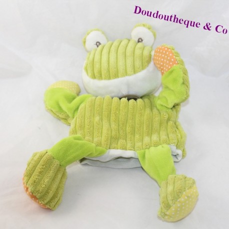 Doudou marionnette grenouille BABY NAT' Les doubambins vert côtelée 34 cm