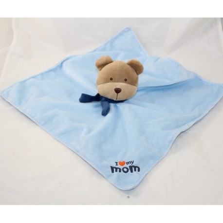 Doudou flat bear I LOVE MY MOM blue satin scarf bell 35 cm