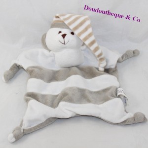 Doudou plat ours CREDIT MUTUEL gestreift grau weiß Mütze 26 cm