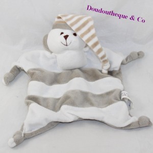 Doudou flat bear CREDIT MUTUEL striped white grey cap 26 cm