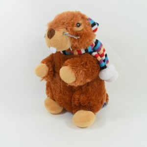 Peluche marmotte  SANDY  marron écharpe et bonnet rayés 27 cm