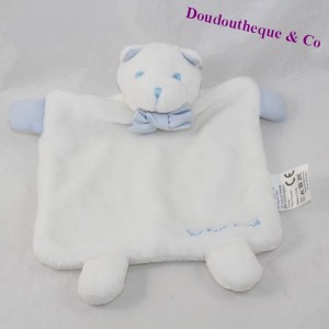 Doudou flat bear JACADI white blue bow tie 20 cm