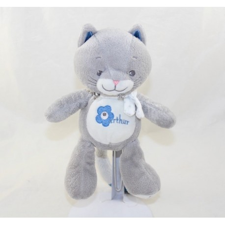 Doudou cat ARTHUR AND LOLA Bebisol gray blue 23 cm SOS doudou