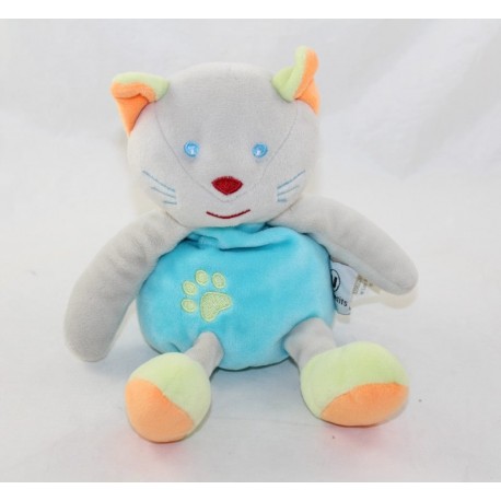 Doudou gato U ALL PETITS azul verde verde naranja Sistema U 18 cm