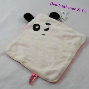 Doudou plat panda CARREFOUR Petit Panda blanc rose 26 cm