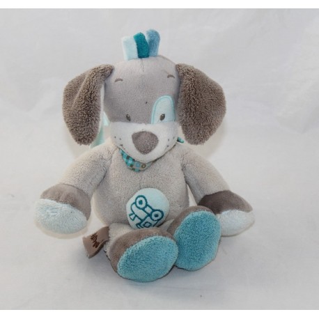 Doudou musical Cyril dog NATTOU Gaston and Cyril blue turquoise gray train 22 cm