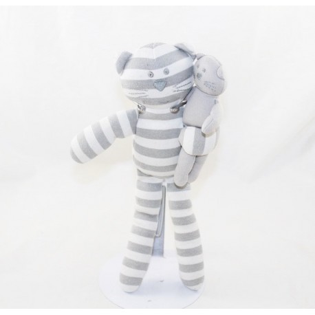 Doudou cat BOUT'CHOU Monoprix striped white grey with baby 30 cm