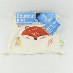 Doudou plat renard BABY CALIN blanc marron noeuds 23 cm