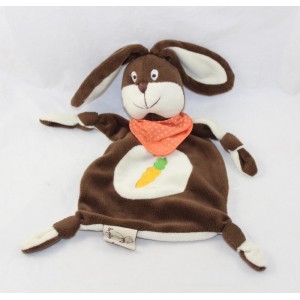 Doudou flat rabbit LES PETITES MARIE brown white bandana orange carrot 26 cm