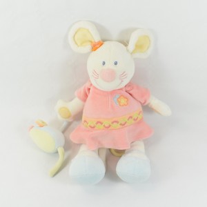 Doudou Plat Souris NATTOU Luna Ecru Ronde Rose Broderie Papillon