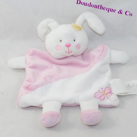 Doudou flaches Kaninchen KIMBALOO Quadrat weiss rosa Schmetterling 23 cm