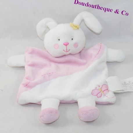 Doudou conejo plano KIMBALOO blanco cuadrado rosa mariposa 23 cm
