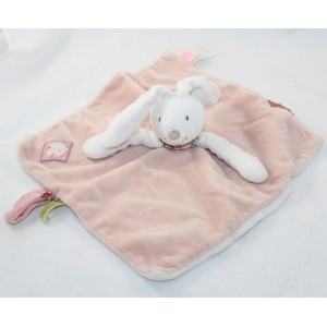 Doudou flat rabbit MOULIN ROTY Blueberry and Capucine pink white rectangle 27 cm
