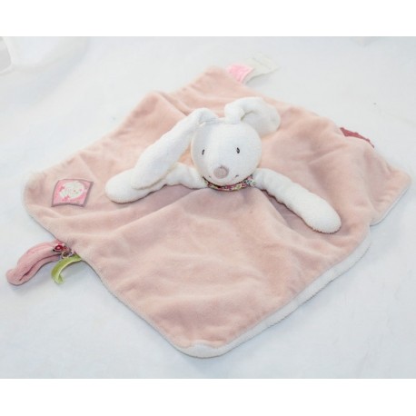 Doudou plat lapin MOULIN ROTY Myrtille et Capucine rose blanc rectangle 27 cm