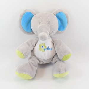 Doudou éléphant ARTHUR ET LOLA Bebisol gris bleu 18 cm