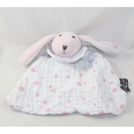 Doudou flaches Kaninchen ATMOSPHERA KIDS Stoff weiß pois rosa 23 cm