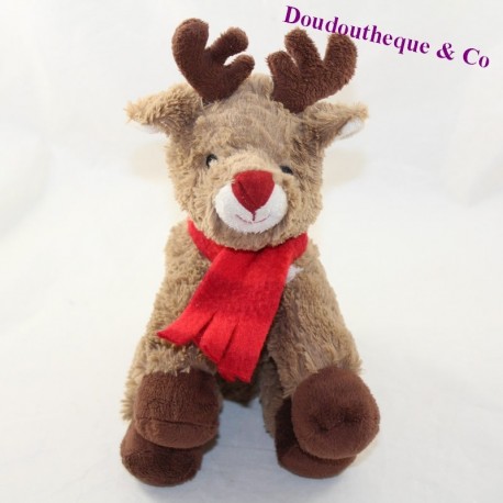 Cuddly reindeer red nose scarf brown elk deer sitting 21 cm