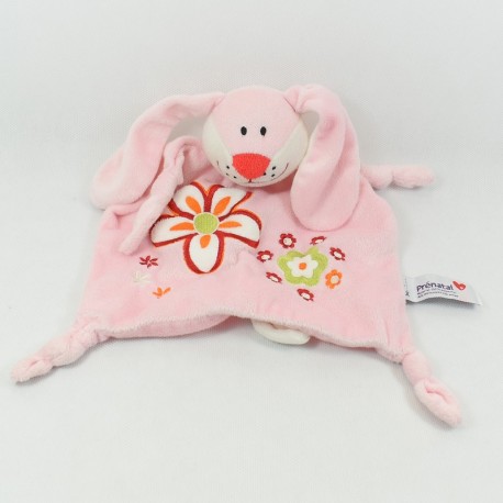 Doudou plat lapin PRENATAL rose 4 noeuds motif fleurs 15 cm