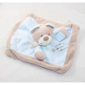 Doudou flat bear NICOTOY blue and beige with scarf seams cross 20 cm