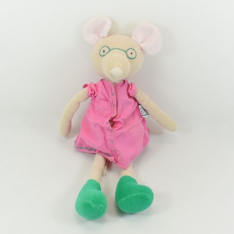 Doudou souris MOULIN ROTY mademoiselle Cheese robe rose lunette verte 35 cm